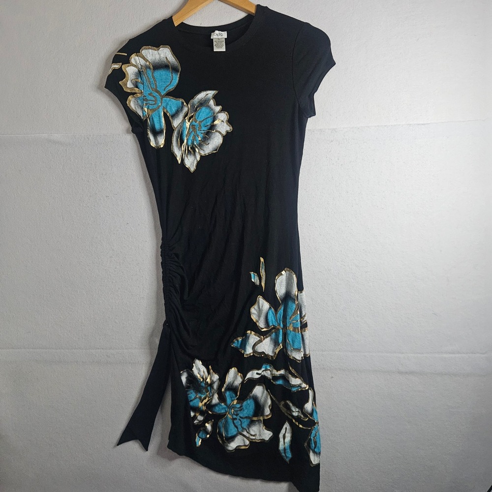 Vtg Cache Black Turquoise Floral Ruched Side Tie Bodycon Sheath Dress Medium Y2K